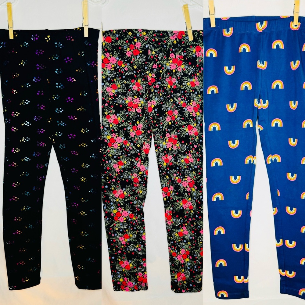 Cat & Jack Girls Leggings Bundle of 3, Floral, Heart, Rainbow Leggings, size m,8